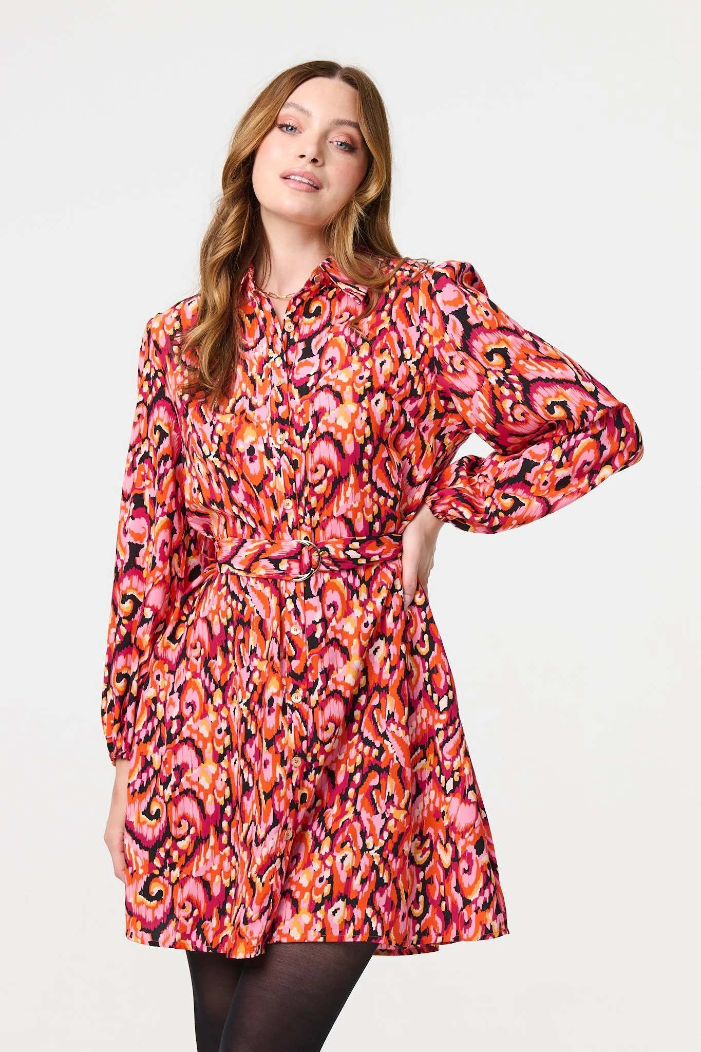 Abstract Print Belt Detail Shirt Dress