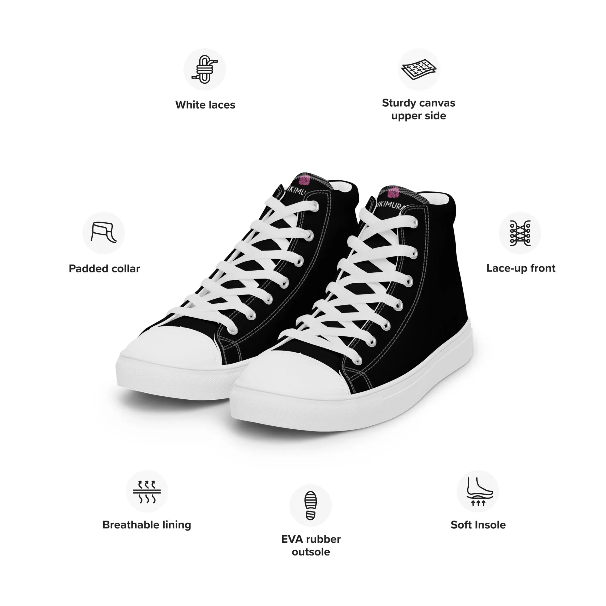 Black Color Men's High Tops, Solid Black Color Men’s High Top Canvas Sneaker Shoes (US Size: 5-13)