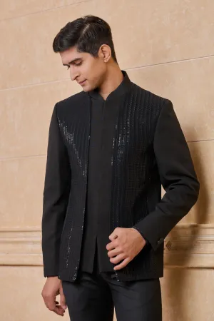 Black Crepe Bandhgala With Embroidered Panels