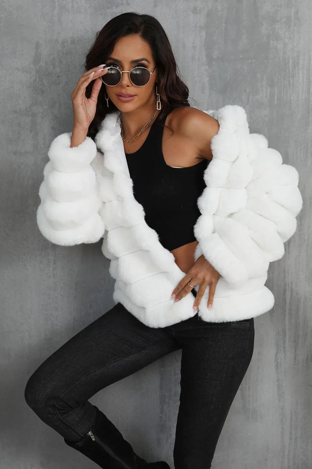 Black Fluffy Faux Fur Cropped Zip Up Coat with Hood