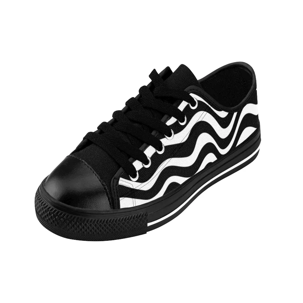 Black White Wavy Women's Sneakers, Wavy Abstract Best Tennis Casual Shoes For Women (US Size: 6-12)