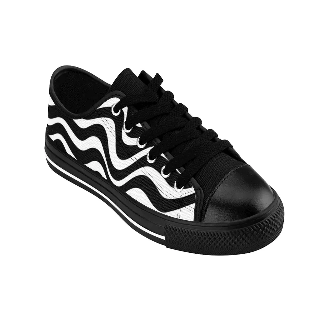 Black White Wavy Women's Sneakers, Wavy Abstract Best Tennis Casual Shoes For Women (US Size: 6-12)