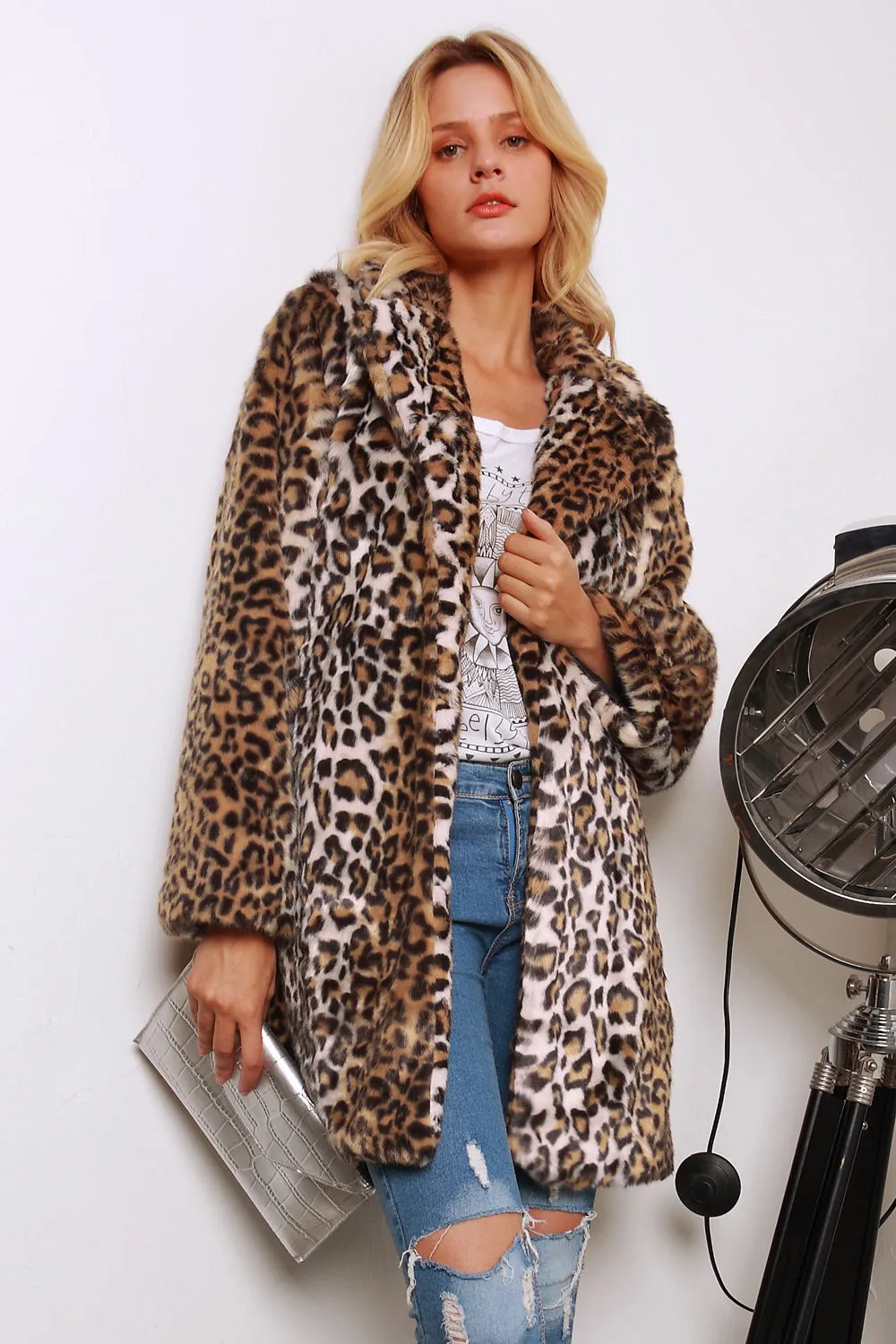 Brown Leopard Printed Notched Lapel Long Faux Fur Women Coat