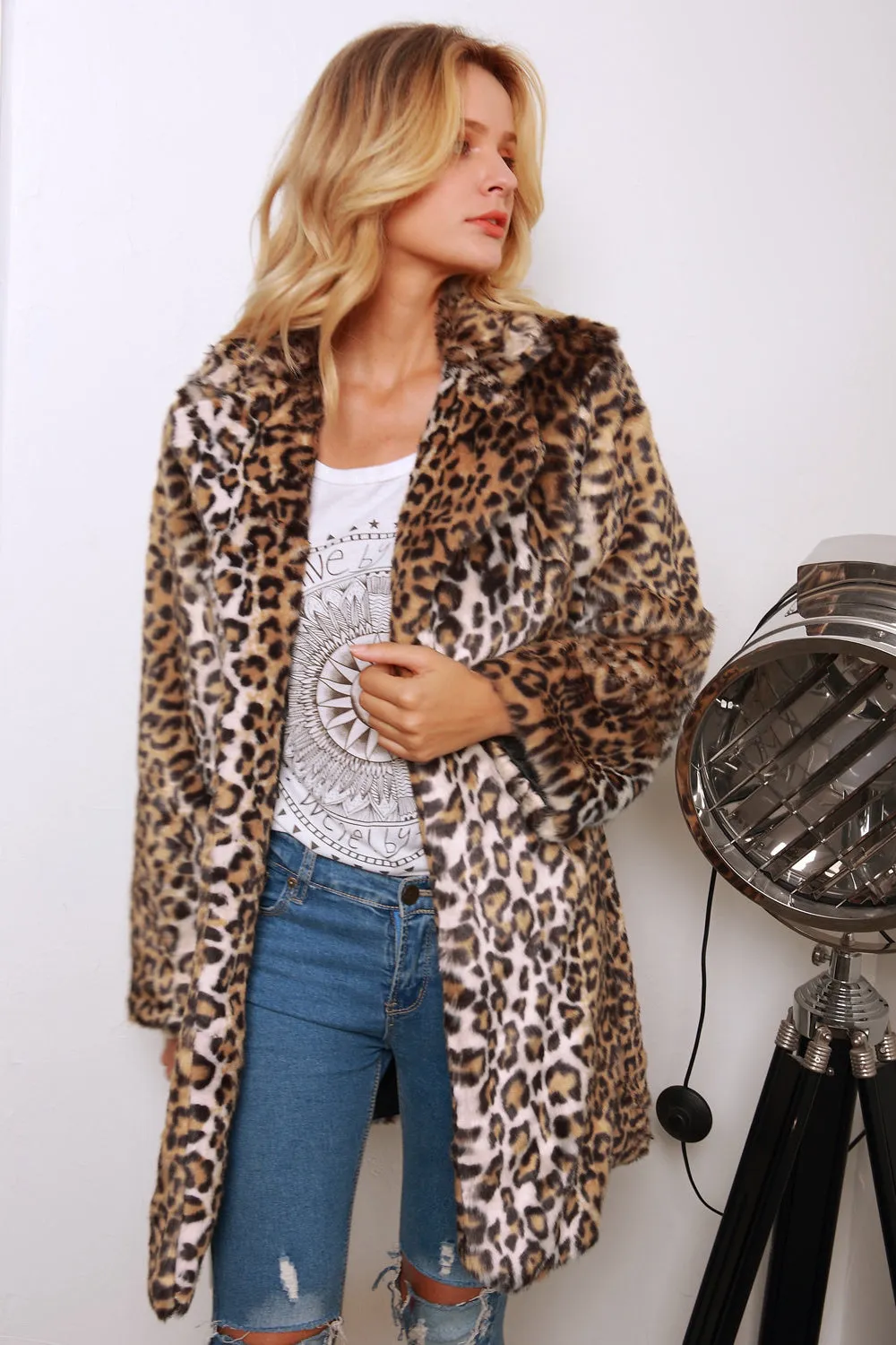 Brown Leopard Printed Notched Lapel Long Faux Fur Women Coat