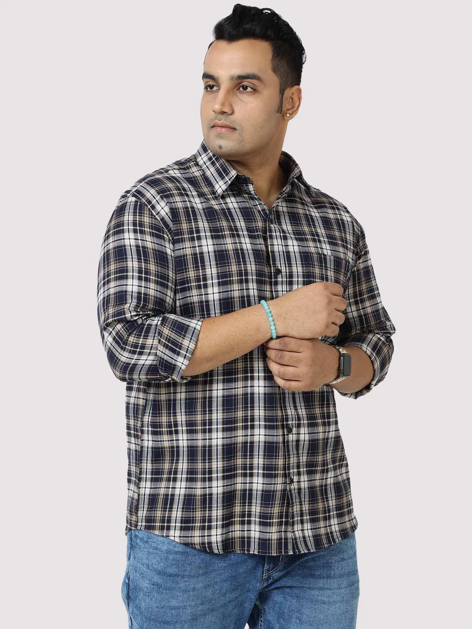 Brown on White Checkered Cotton Full Shirt Men's Plus Size