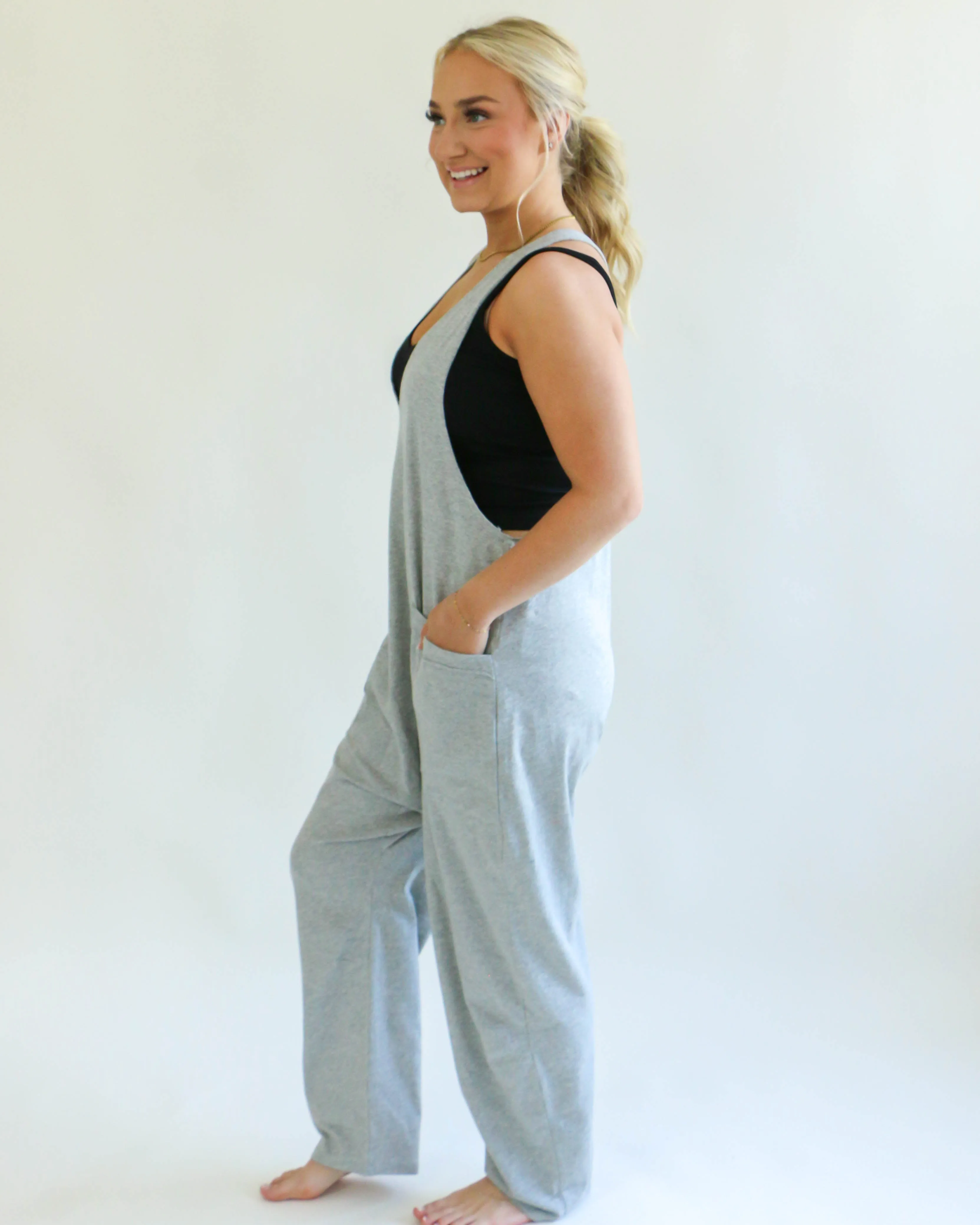 Casual Loose Fit Solid Knit Baggy Jumpsuit in Grey