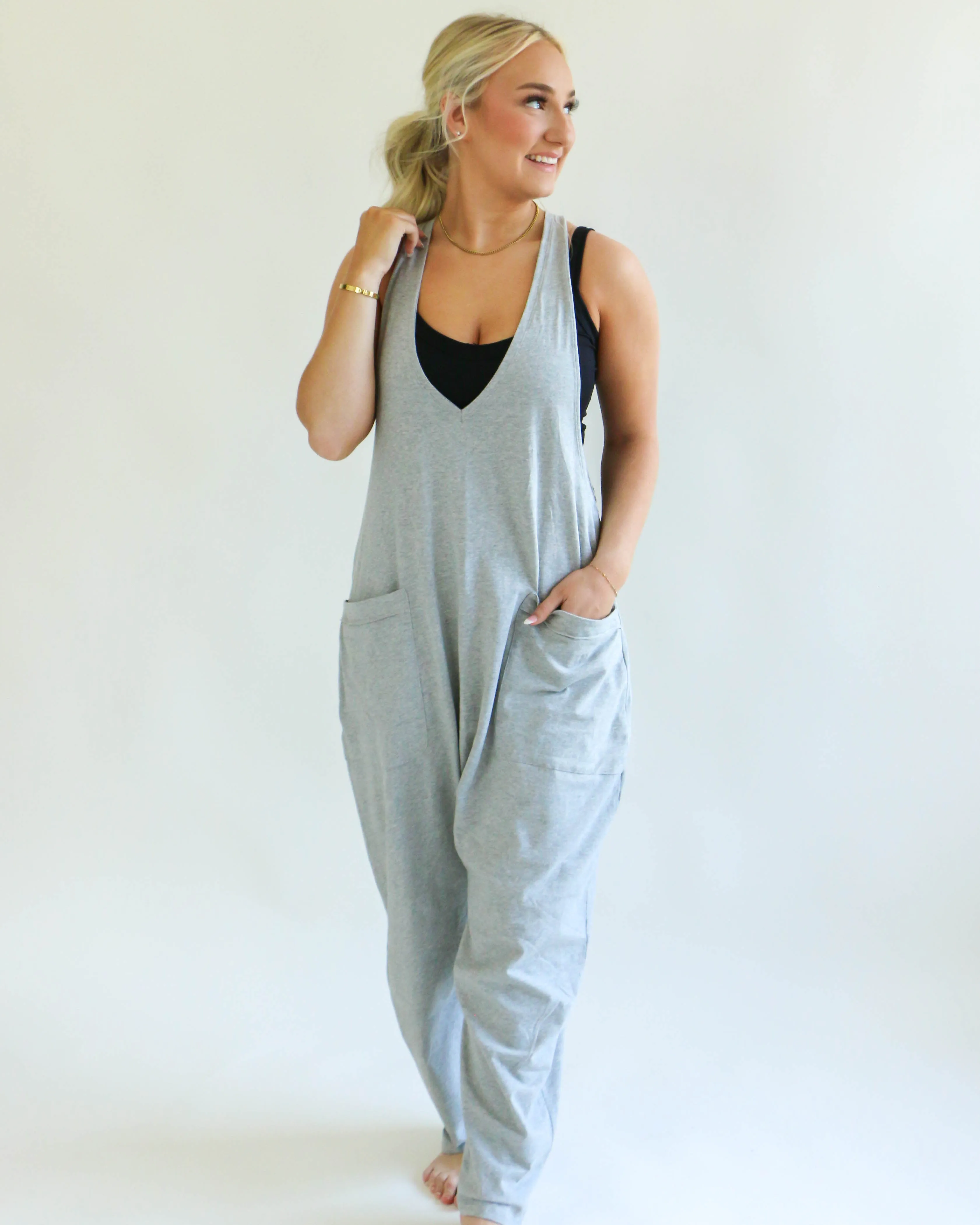 Casual Loose Fit Solid Knit Baggy Jumpsuit in Grey