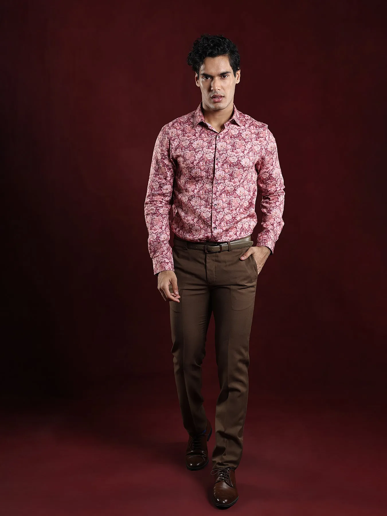 Cotton Tencel Maroon Printed Slim Fit Full Sleeve Ceremonial Shirt