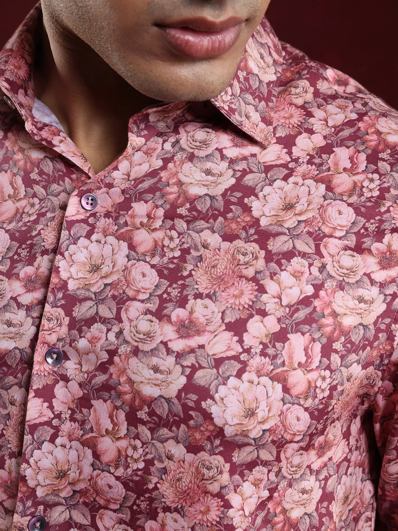 Cotton Tencel Maroon Printed Slim Fit Full Sleeve Ceremonial Shirt