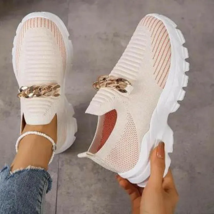 Fashion Chain Design Mesh Shoes For Women Breathable Casual Soft Sole Walking Sock Womens Flat Slip On Shoes