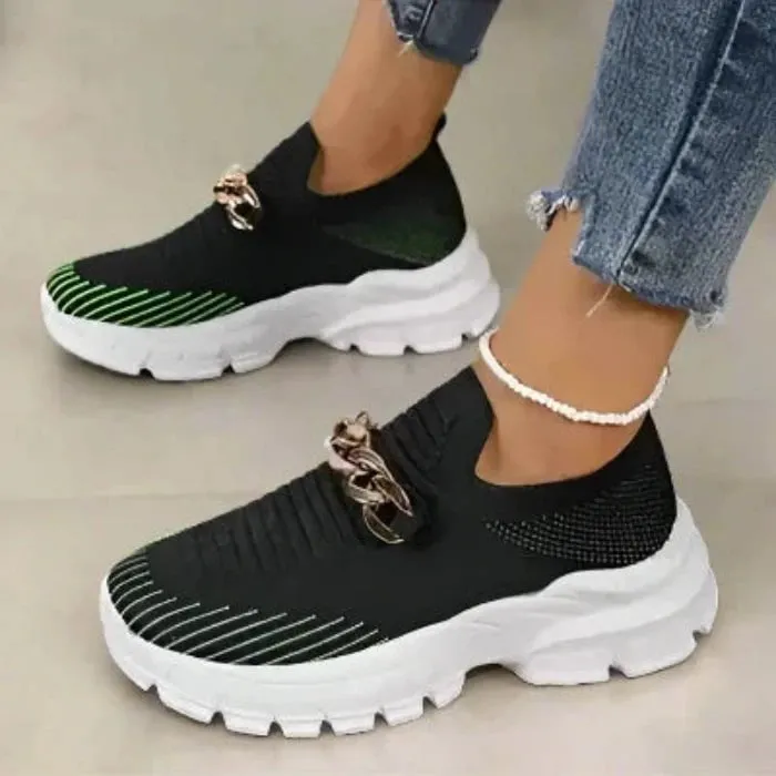 Fashion Chain Design Mesh Shoes For Women Breathable Casual Soft Sole Walking Sock Womens Flat Slip On Shoes