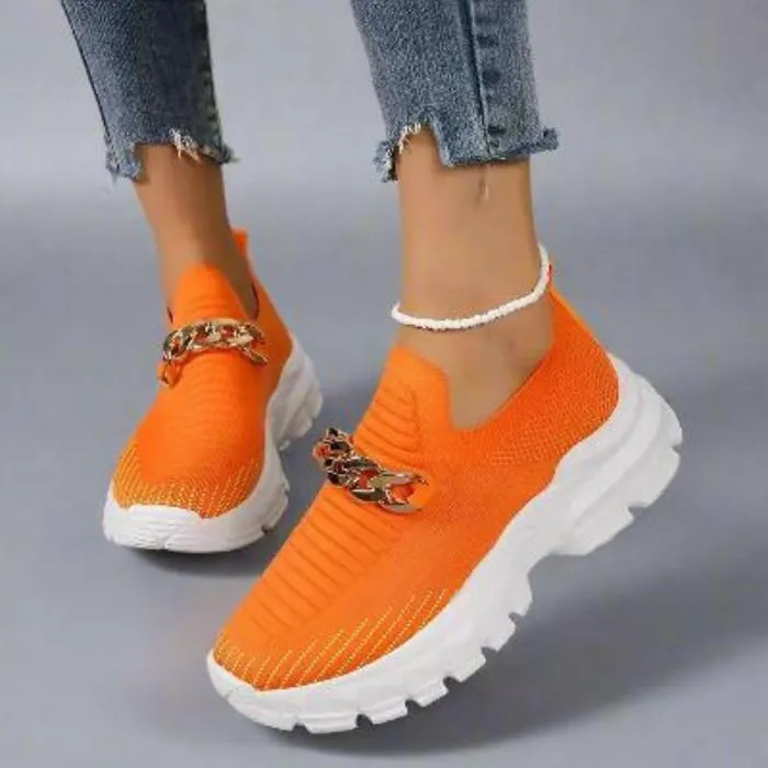 Fashion Chain Design Mesh Shoes For Women Breathable Casual Soft Sole Walking Sock Womens Flat Slip On Shoes