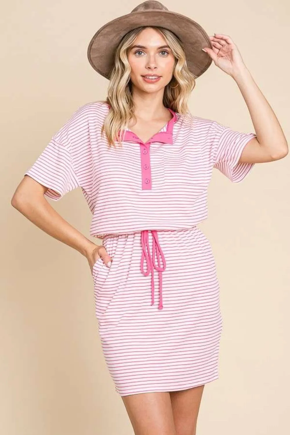 Full Size Striped Short Sleeve Mini Dress with Pockets