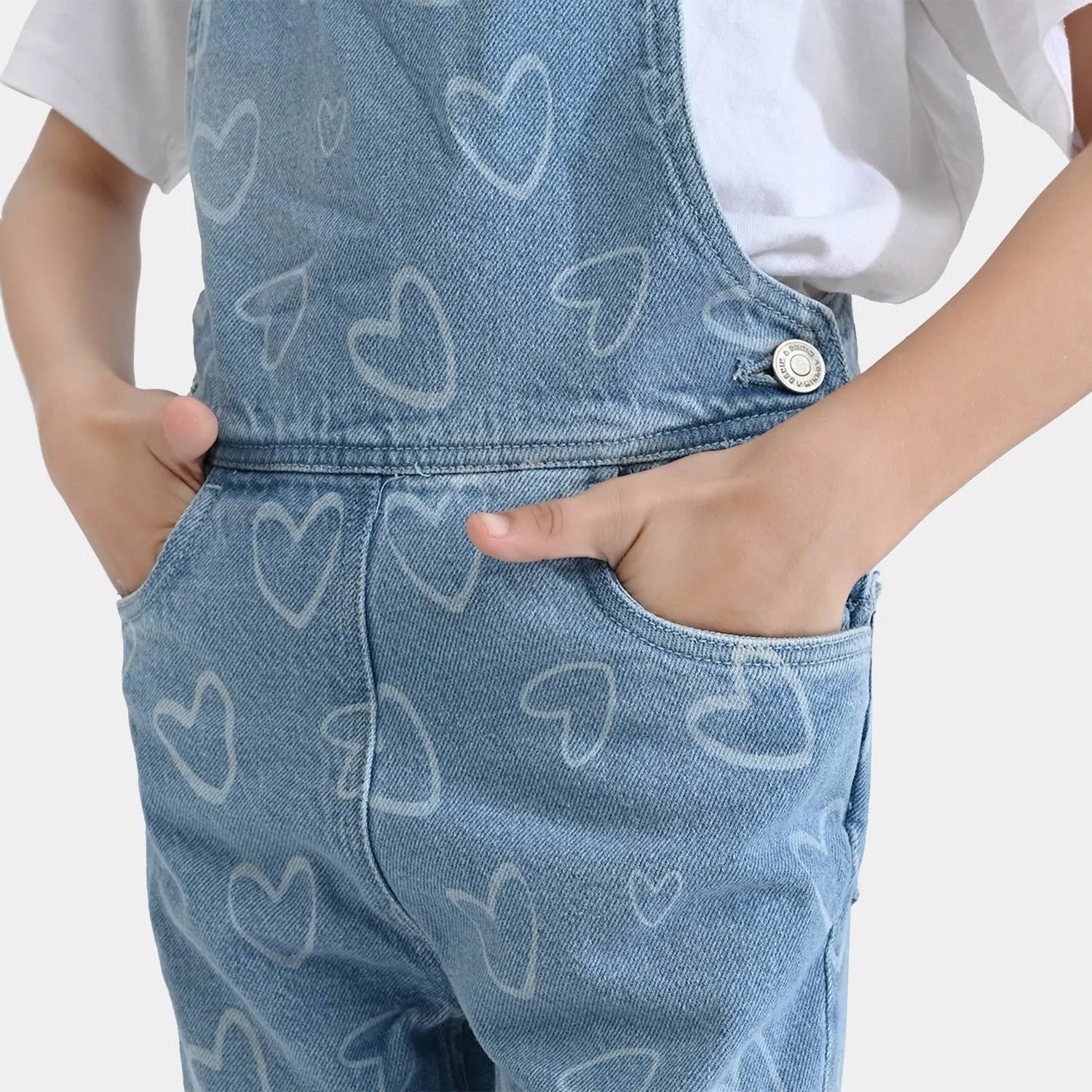 Girls Denim rigid Dangri Hearts-LT.Blue