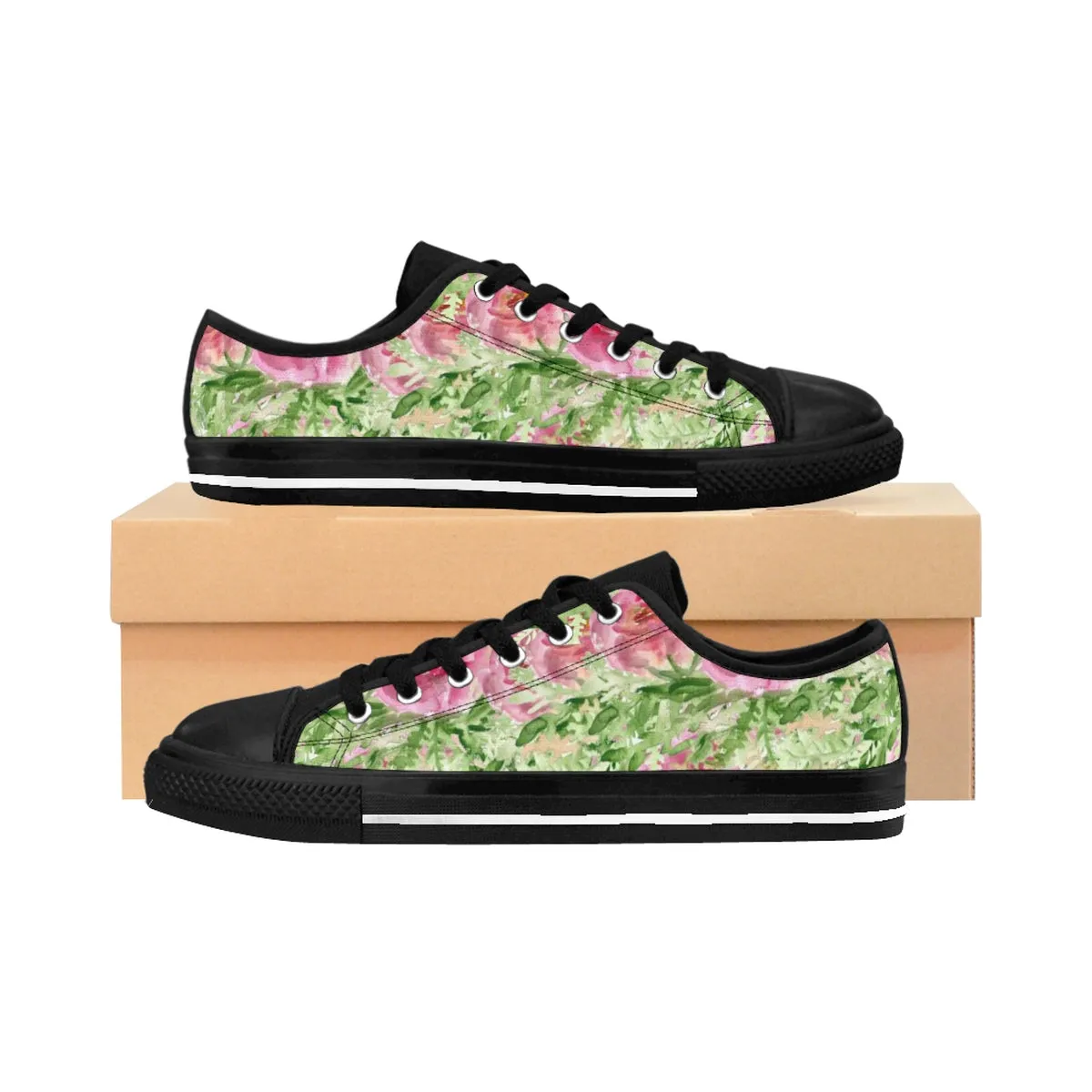 Green Floral Women's Sneakers, Rose Floral Designer Low Top Women's Shoes (US Size: 6-12)