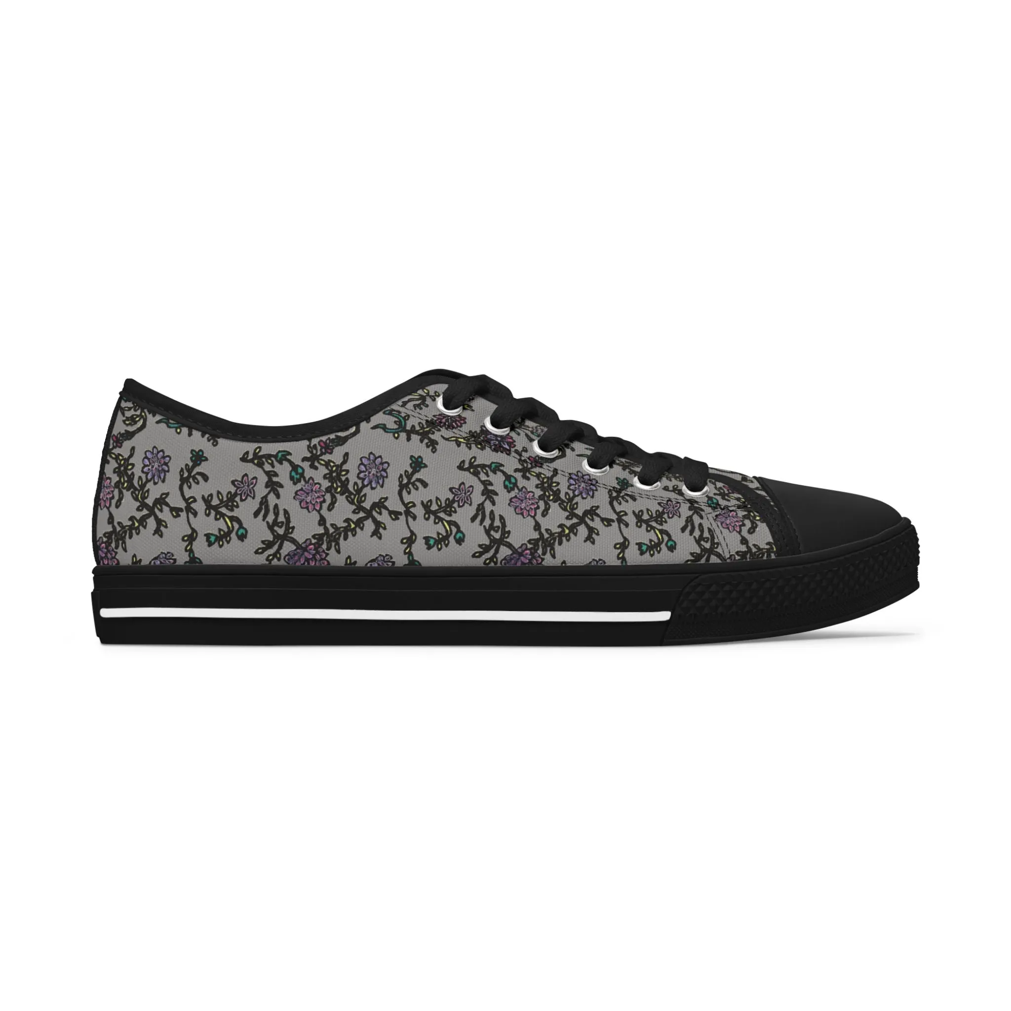 Grey Purple Floral Women's Sneakers, Floral Print Best Women's Low Top Canvas Sneakers (US Size: 5.5-12)