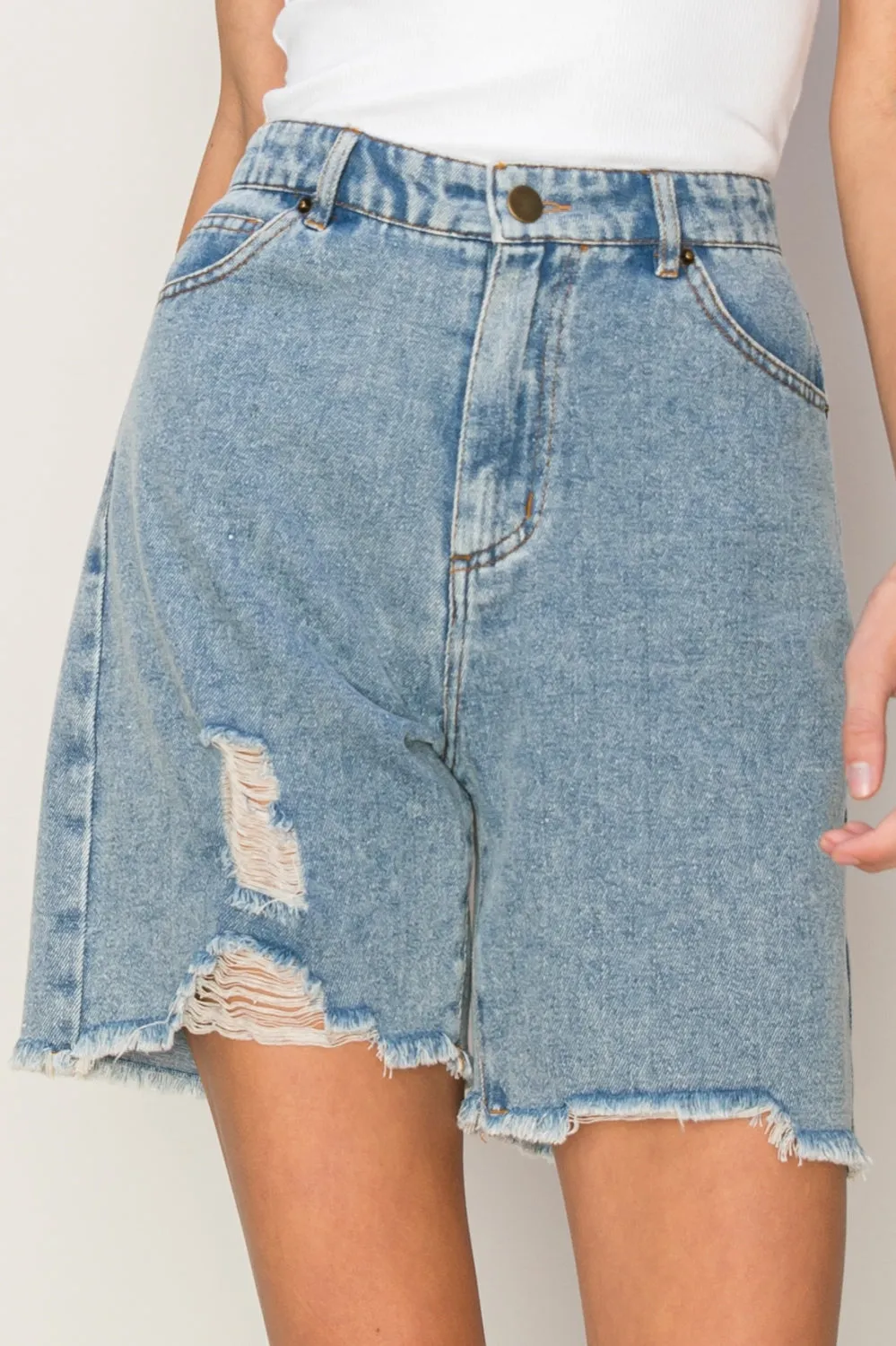 HF24C616-Distressed Bermuda Denim Shorts