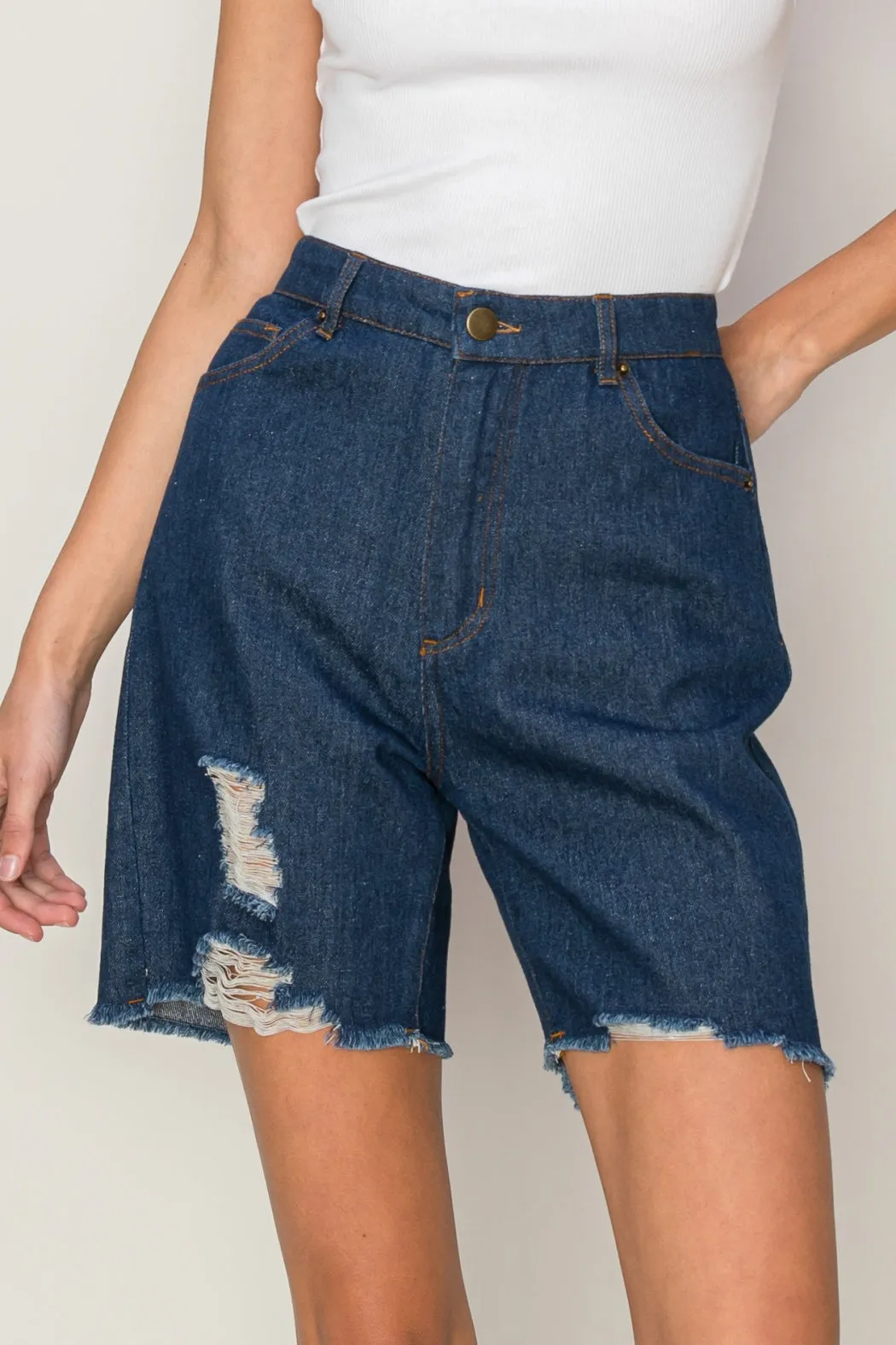 HF24C616-Distressed Bermuda Denim Shorts