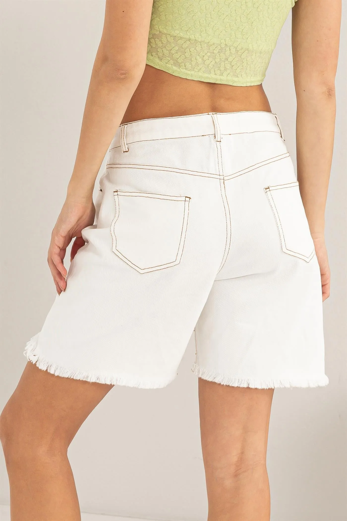 HF24C616-Distressed Bermuda Denim Shorts