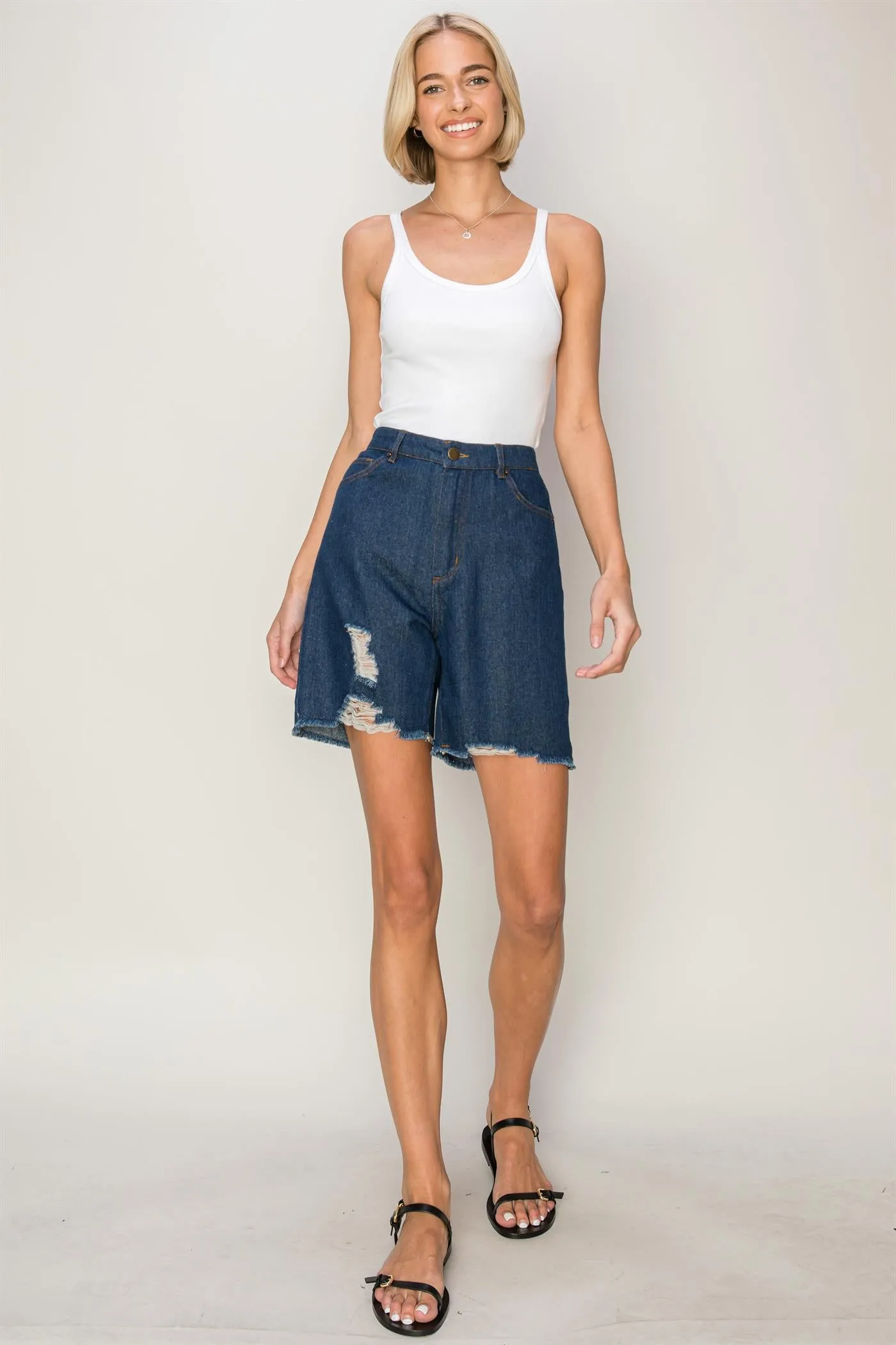 HF24C616-Distressed Bermuda Denim Shorts