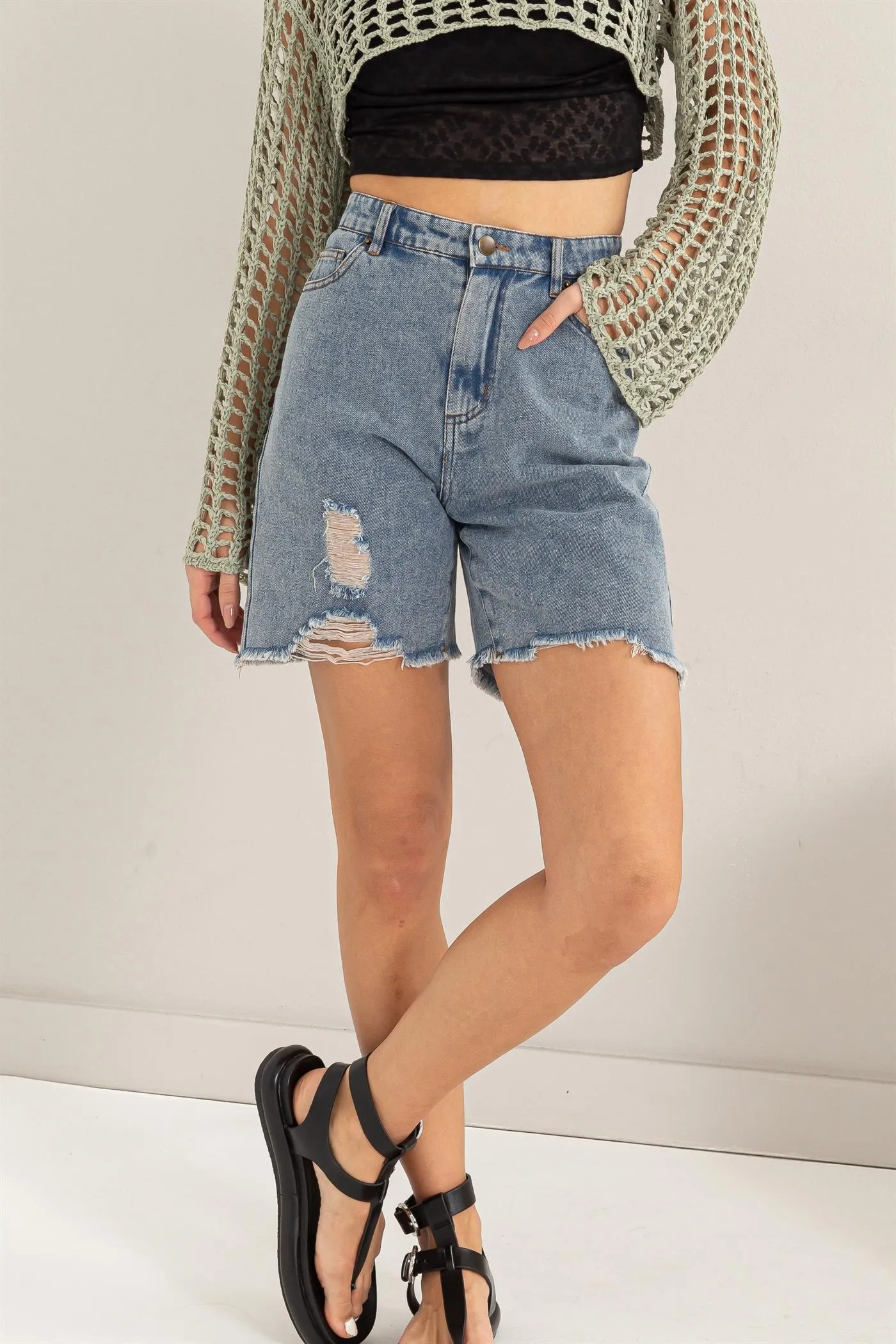 HF24C616-Distressed Bermuda Denim Shorts