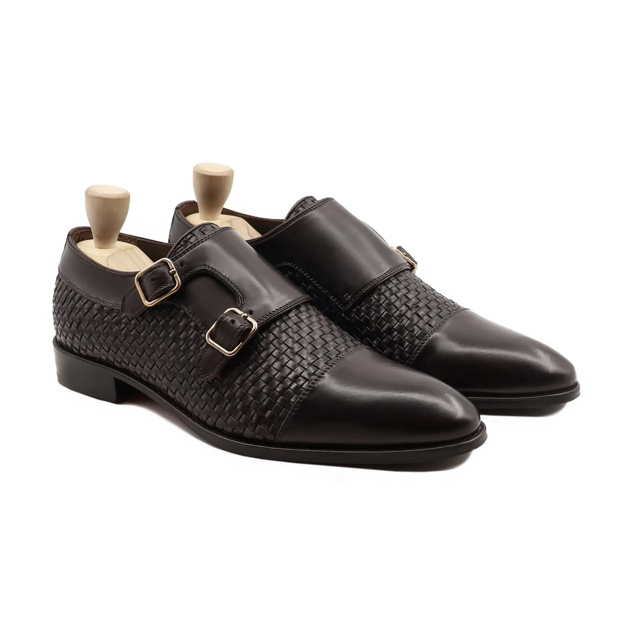 Inci - Men's Dark Brown Calf and Hand Woven Calf Leather Double Monkstrap