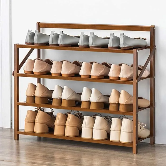 Krishyam® 4-Tier Free Standing Shoe Racks, Stackable Bamboo Wood Shoe Rack Durable Shoe Shelf Holder, Functional Sturdy Shoe Organizer (4 Folding Shelves Bamboo)