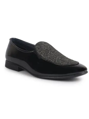 Men Black Patent Leather Hand Knitted Design Party Slip On Shoes|Ethnic Slip On Shoes|Lightweight Shoe