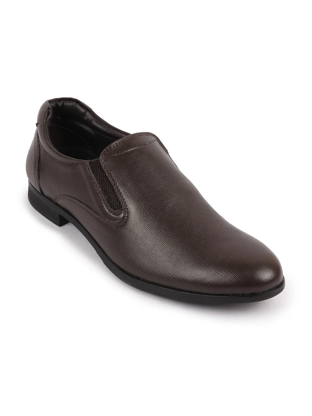 Men Brown Formal Office Textured Design Side Stitched Genuine Leather Slip On Shoes