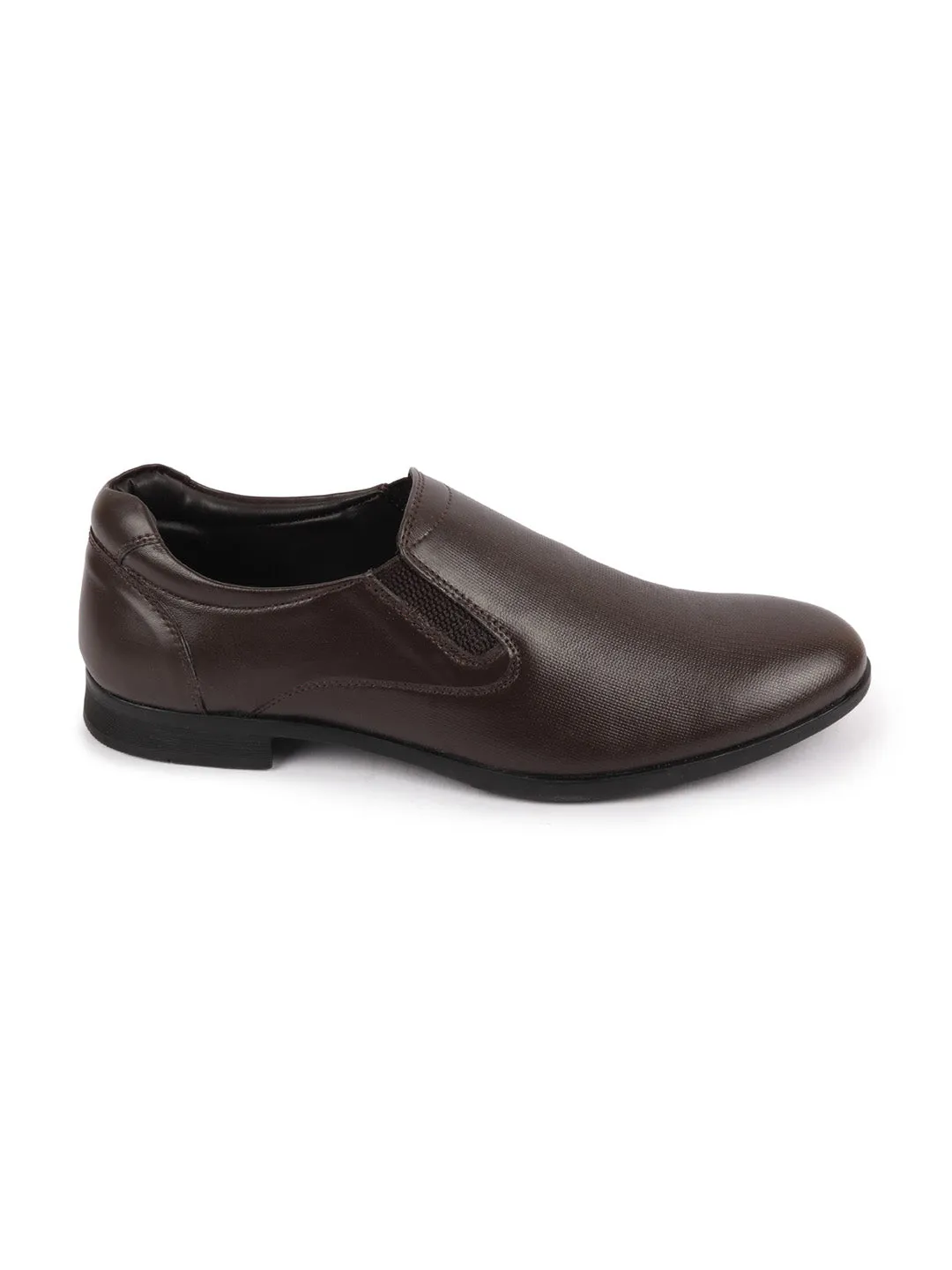 Men Brown Formal Office Textured Design Side Stitched Genuine Leather Slip On Shoes