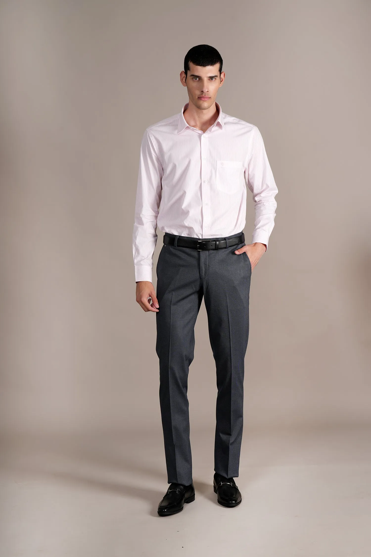 Men's Navy Self Design Non-Pleated Formal Trouser