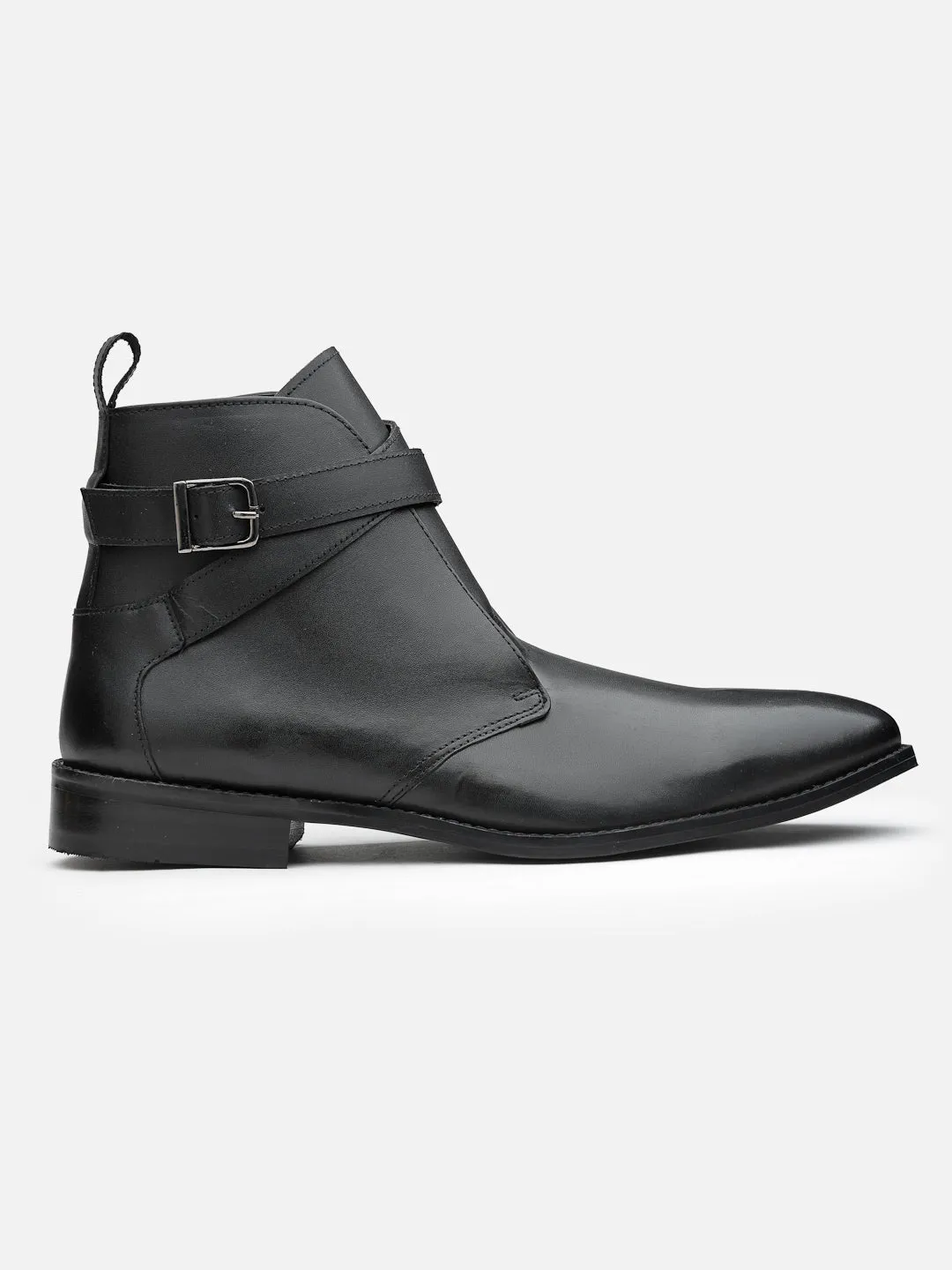 Mid Top Block-Heel Black Leather Regular Boots With Buckle