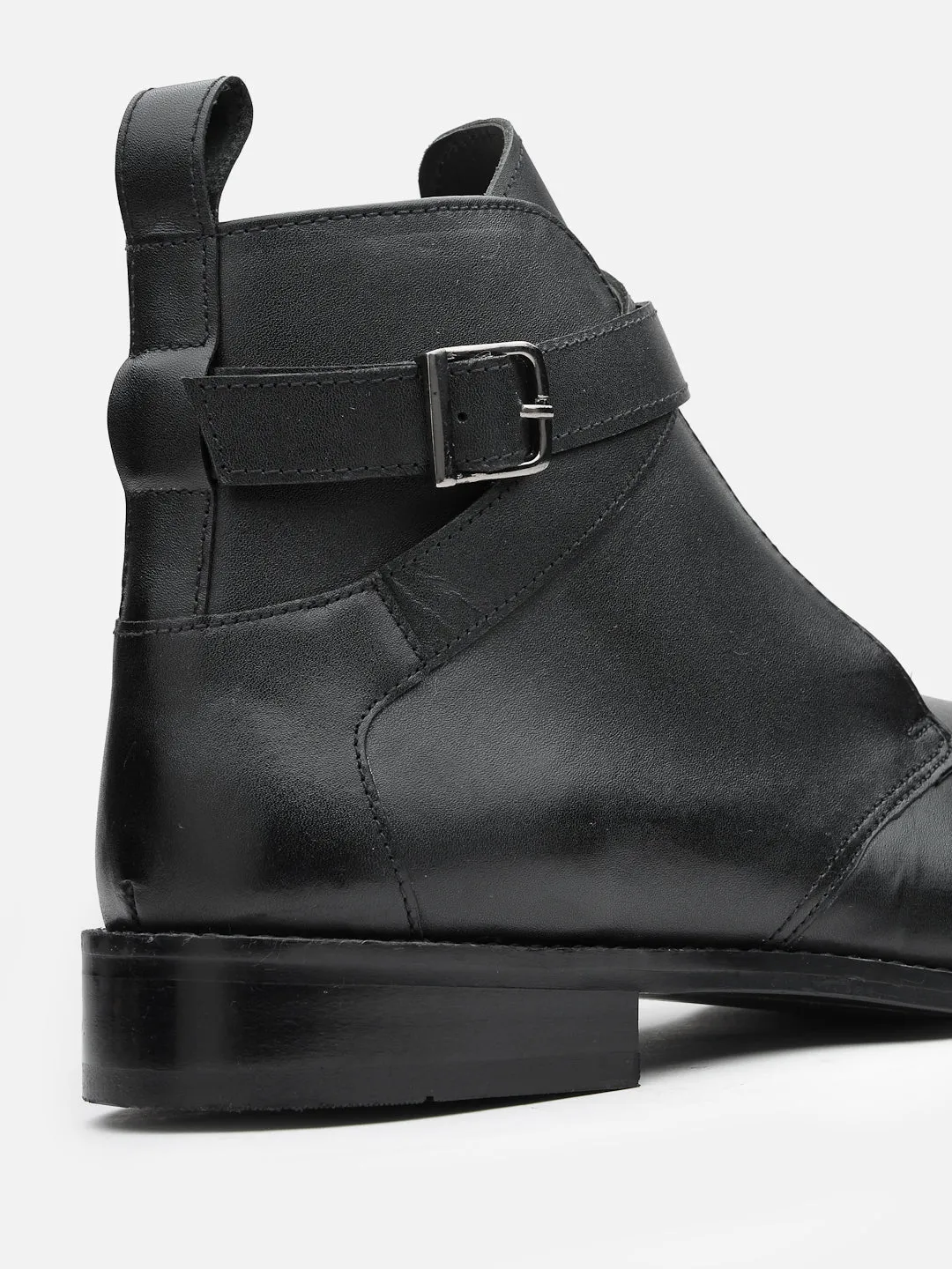 Mid Top Block-Heel Black Leather Regular Boots With Buckle