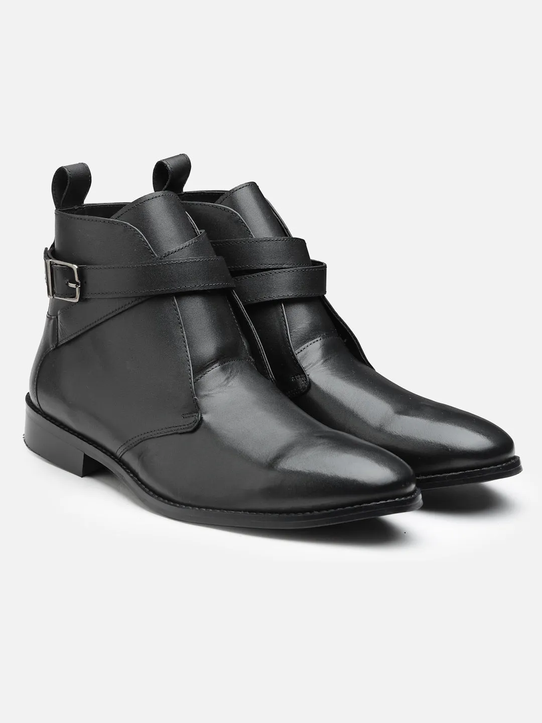 Mid Top Block-Heel Black Leather Regular Boots With Buckle