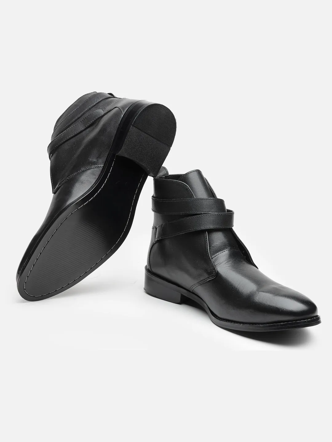 Mid Top Block-Heel Black Leather Regular Boots With Buckle