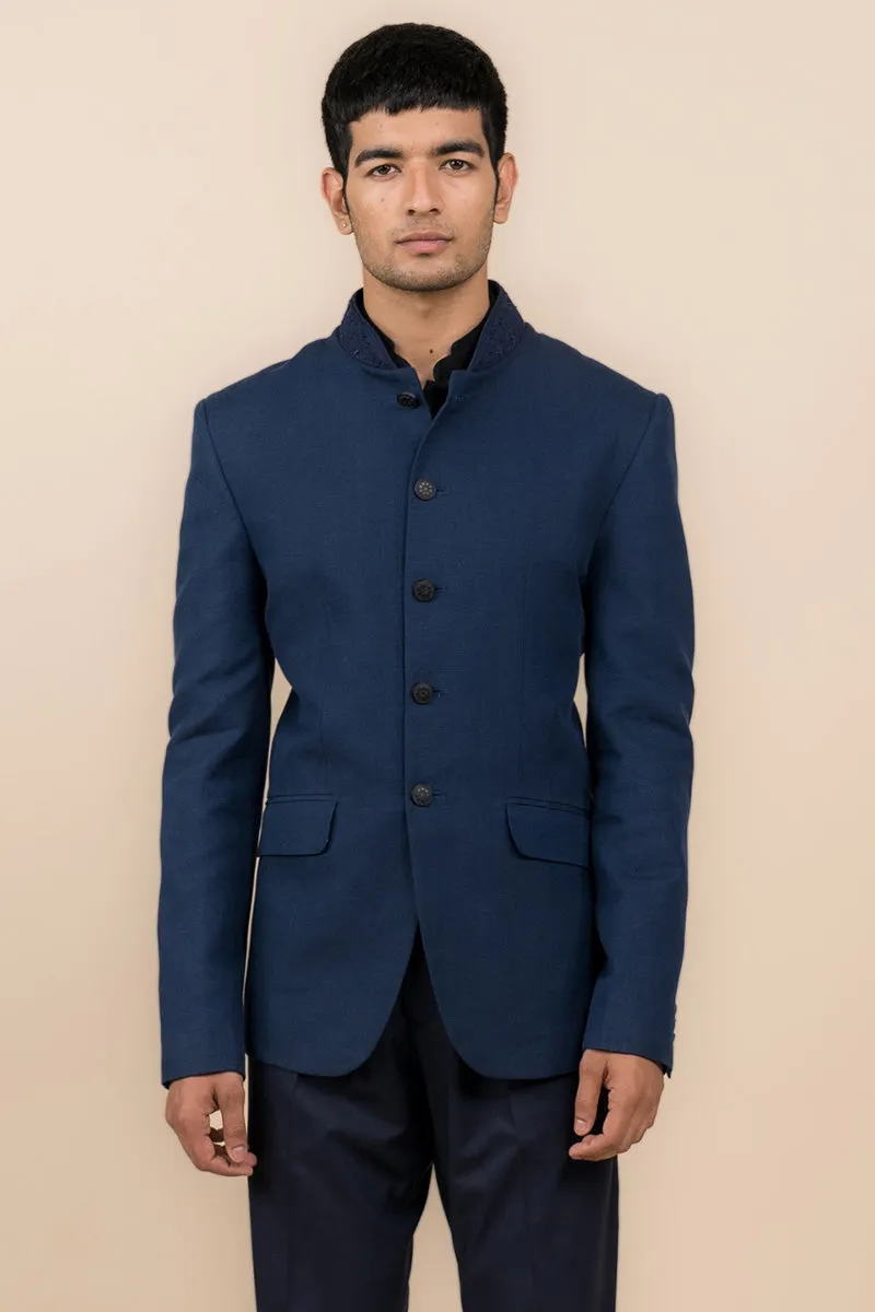 Navy Linen Bandhgala With Embroidered Collar