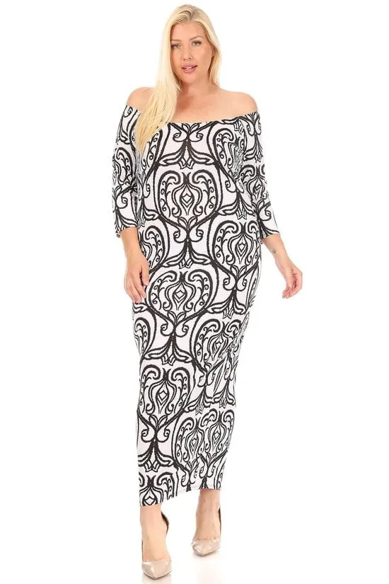 Plus Size Women Damask Design Off-Shoulder Bodycon Dress Maxi Dress