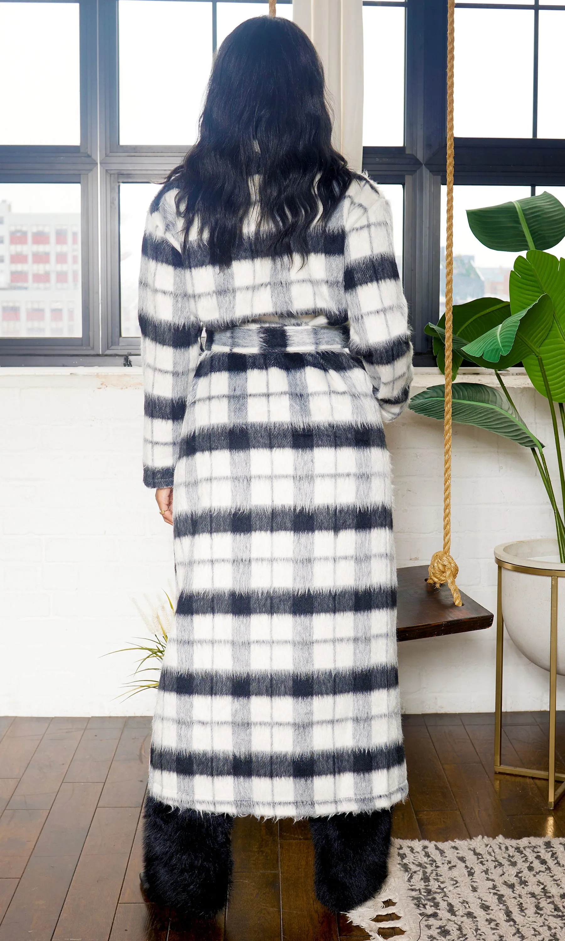 Plush Plaid  | Long Coat- Black/White FINAL SALE