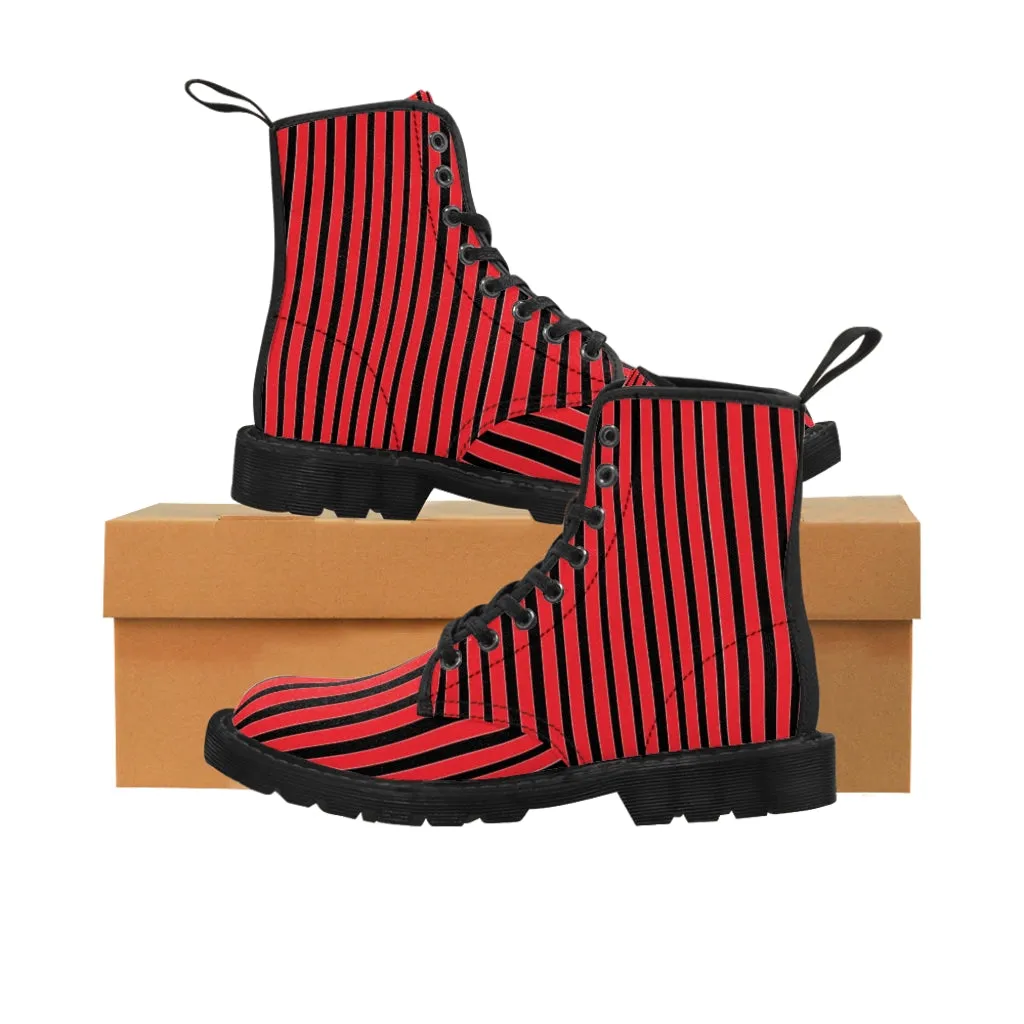 Red Striped Print Men's Boots, Black Stripes Best Hiking Winter Boots Laced Up Shoes For Men