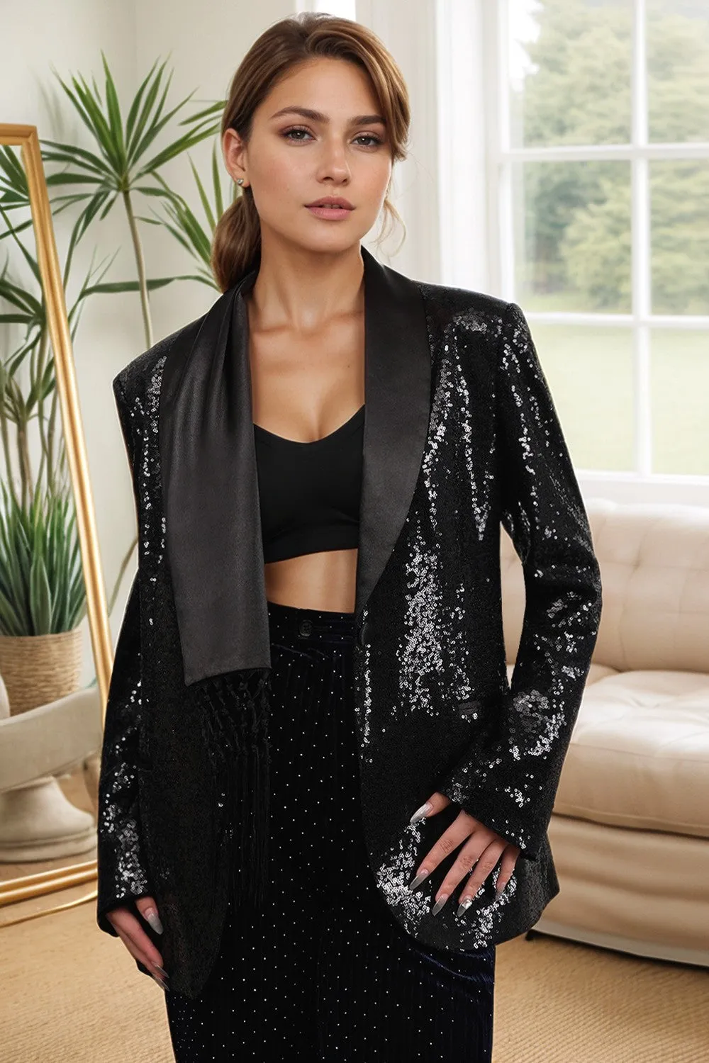 Sparkly Black Women's Prom Blazer with Fringes