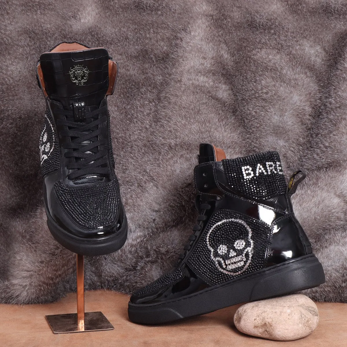 Studded Patent Leather Sneakers with Black and Silver 'BARESKIN' Skull Face Swarovski Crystal Zardosi by Brune & Bareskin