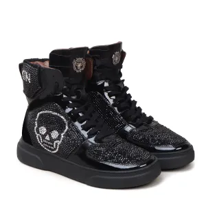 Studded Patent Leather Sneakers with Black and Silver 'BARESKIN' Skull Face Swarovski Crystal Zardosi by Brune & Bareskin