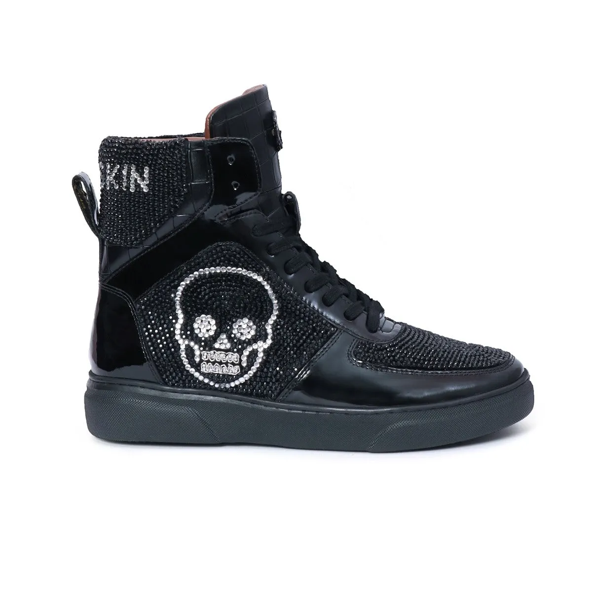 Studded Patent Leather Sneakers with Black and Silver 'BARESKIN' Skull Face Swarovski Crystal Zardosi by Brune & Bareskin