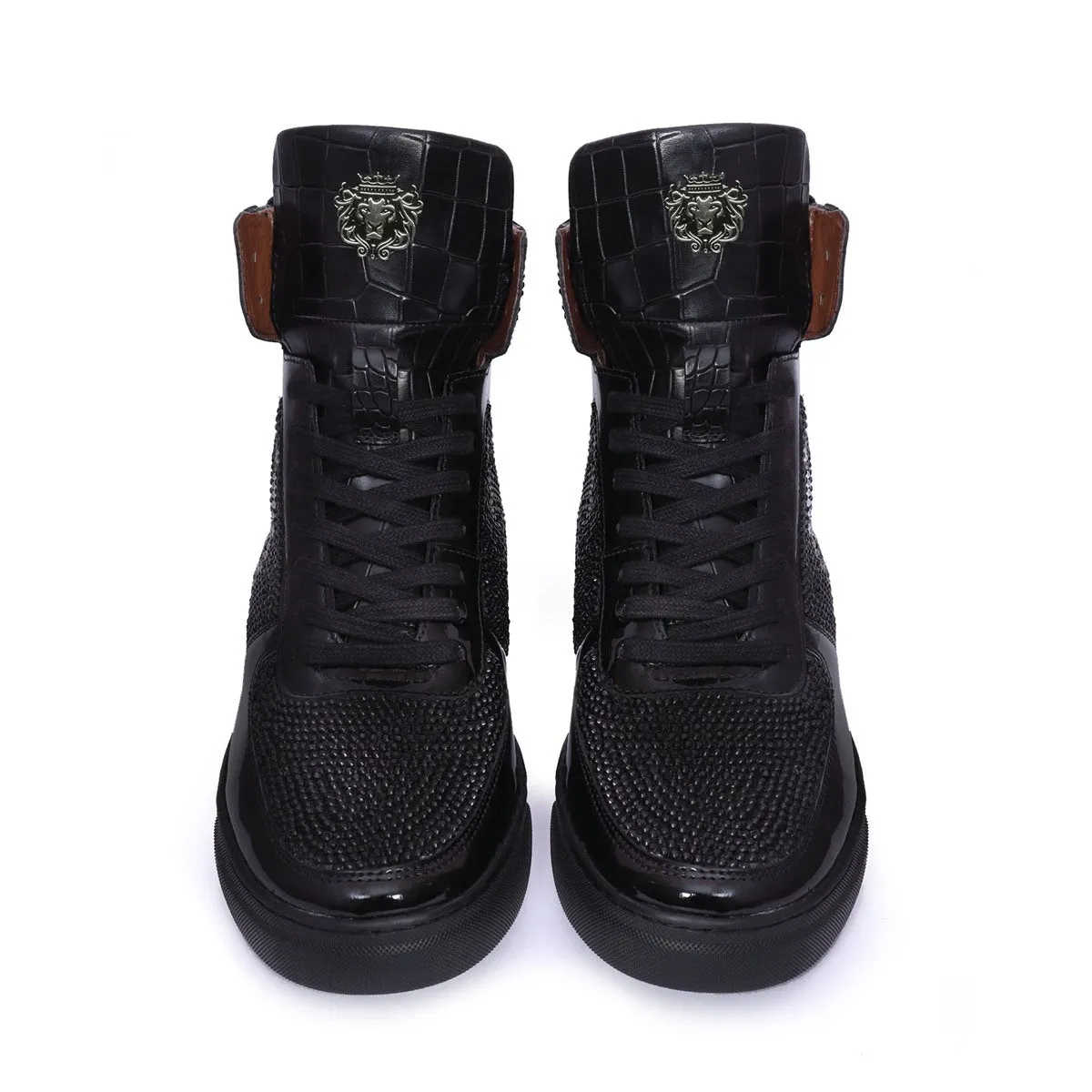 Studded Patent Leather Sneakers with Black and Silver 'BARESKIN' Skull Face Swarovski Crystal Zardosi by Brune & Bareskin