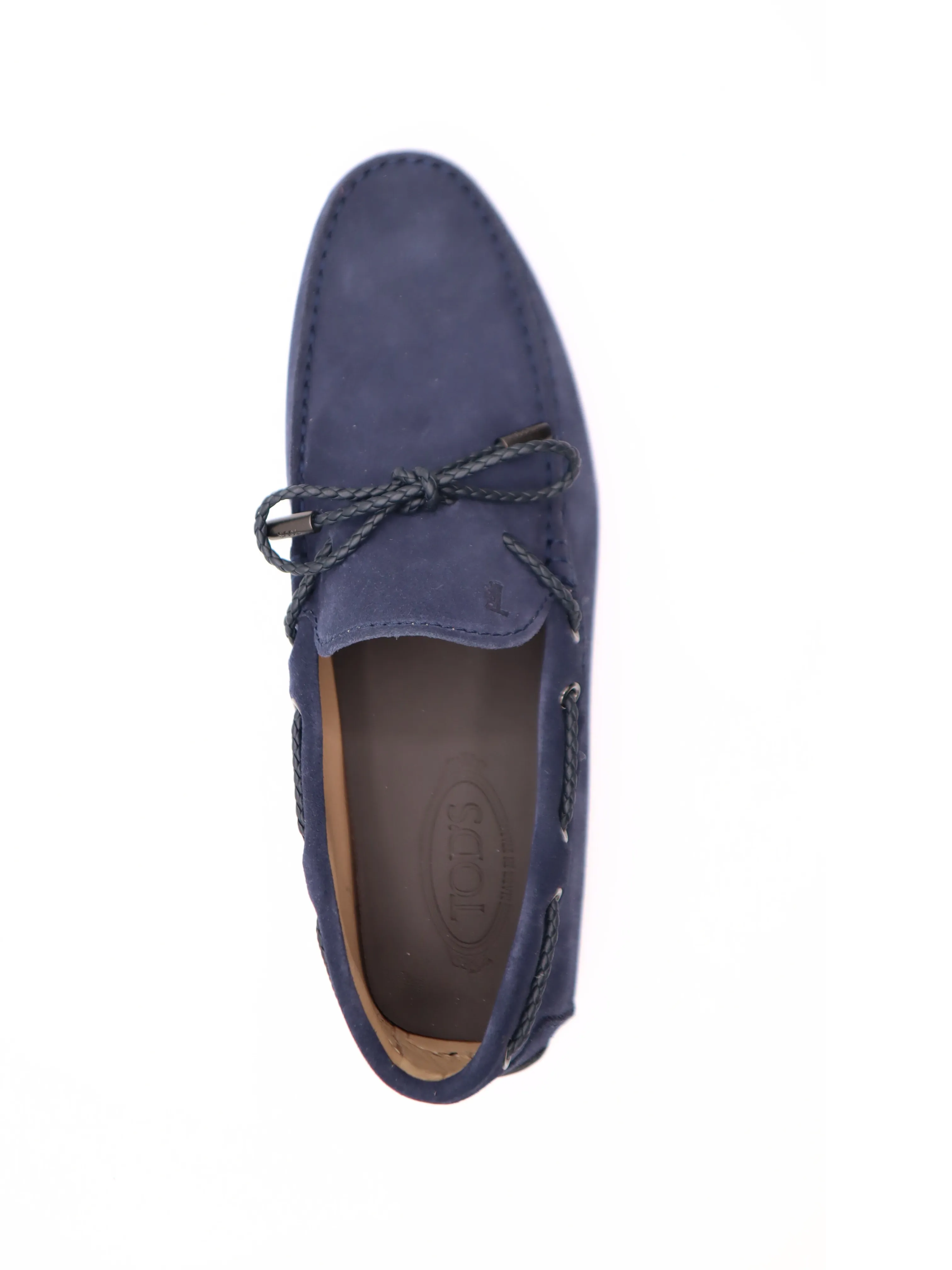 Tods Mens Navy Blue Suede Laccetto Gommino Driver Shoes with Brown Lace