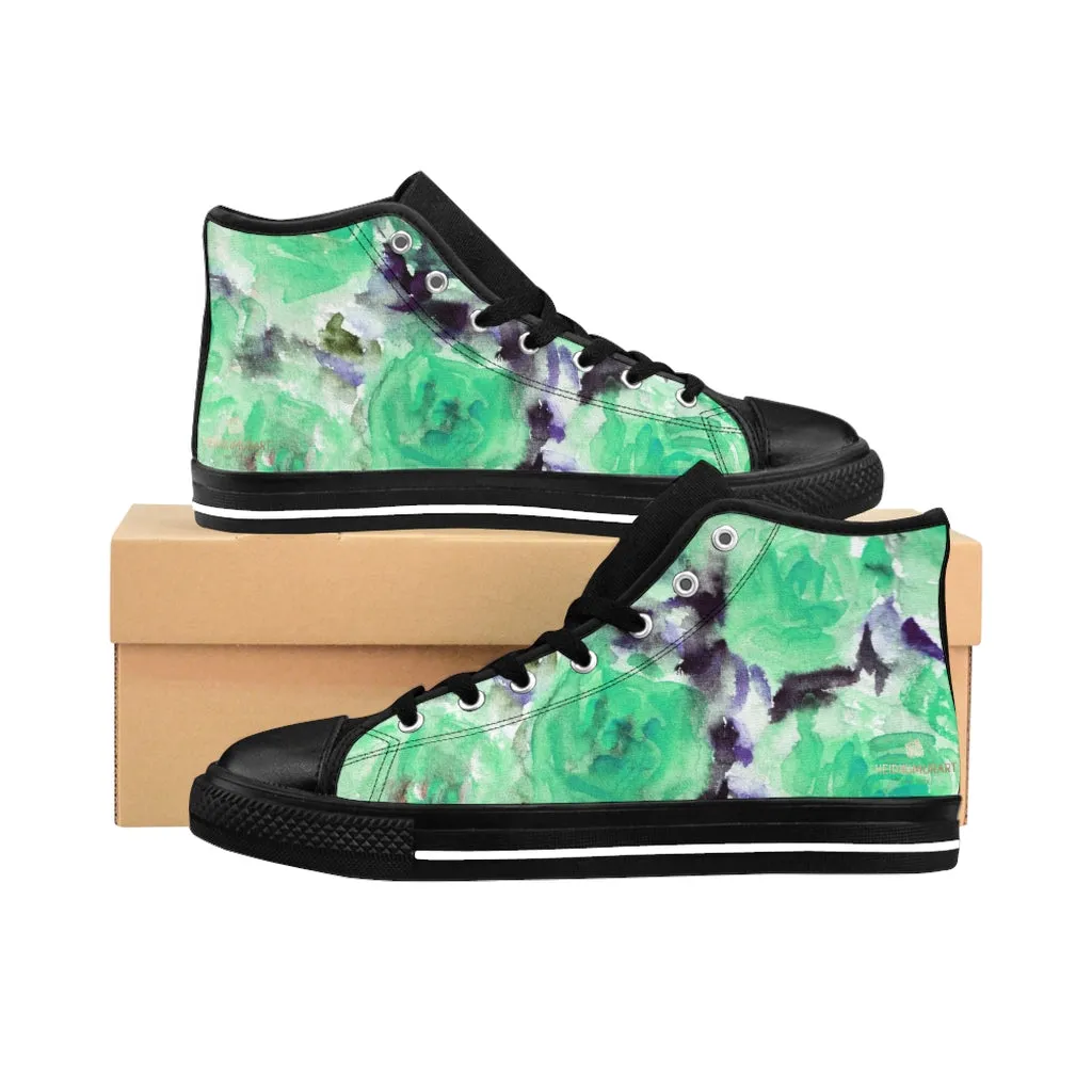 Turquoise Blue Men's High-top Sneakers, Floral Print Men's Designer Tennis Running Shoes