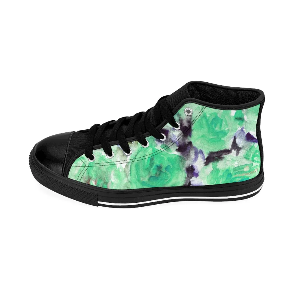 Turquoise Blue Men's High-top Sneakers, Floral Print Men's Designer Tennis Running Shoes