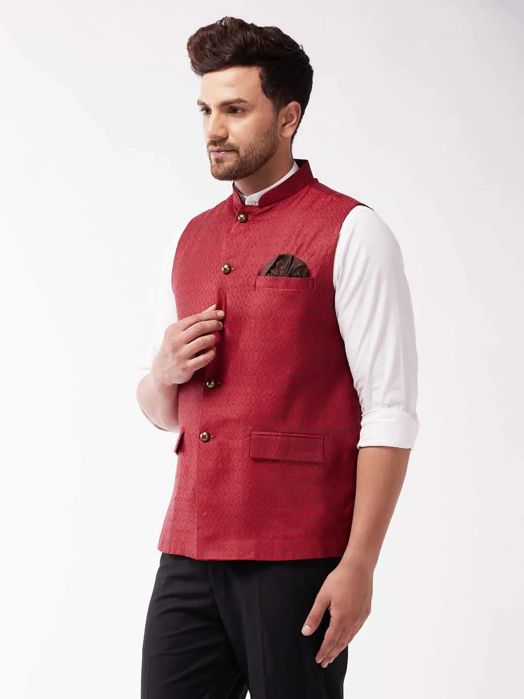 VASTRAMAY Men's Maroon Jacquard Nehru Jacket