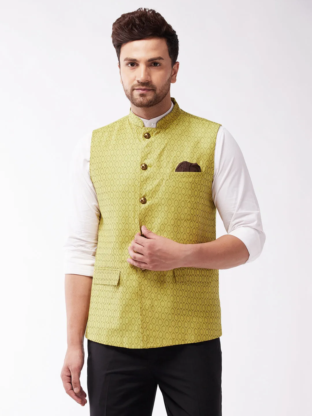 VASTRAMAY Men's Yellow Jacquard Nehru Jacket