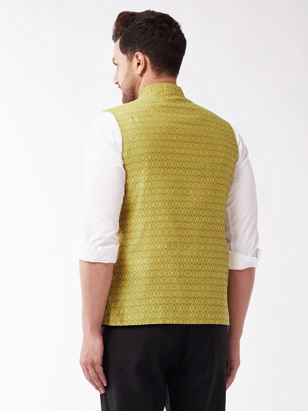 VASTRAMAY Men's Yellow Jacquard Nehru Jacket